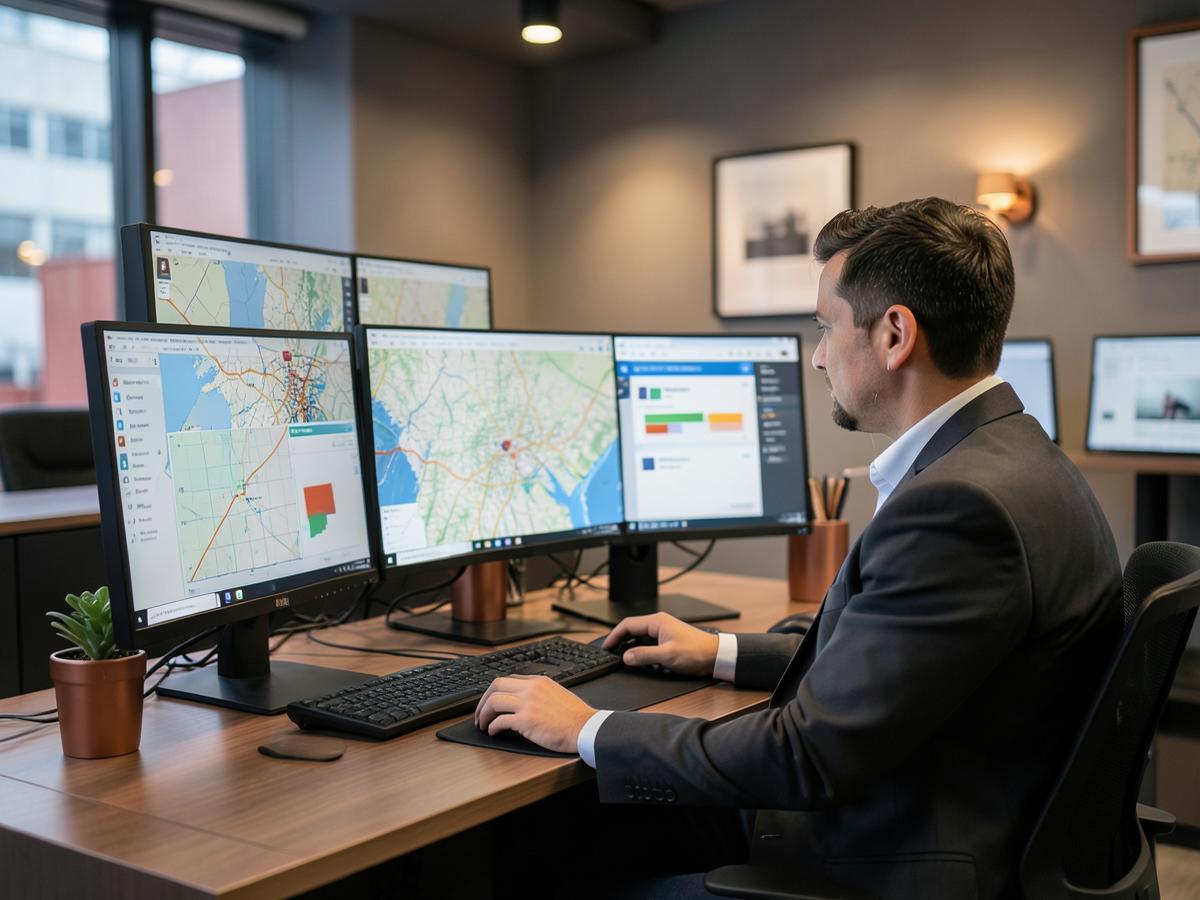 Freight dispatcher coordinating loads at a workstation with multiple monitors