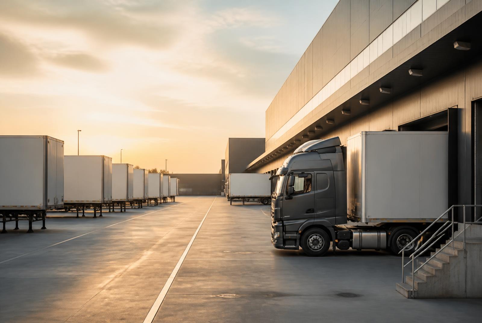 Tractor trailers staged in a freight yard at dusk