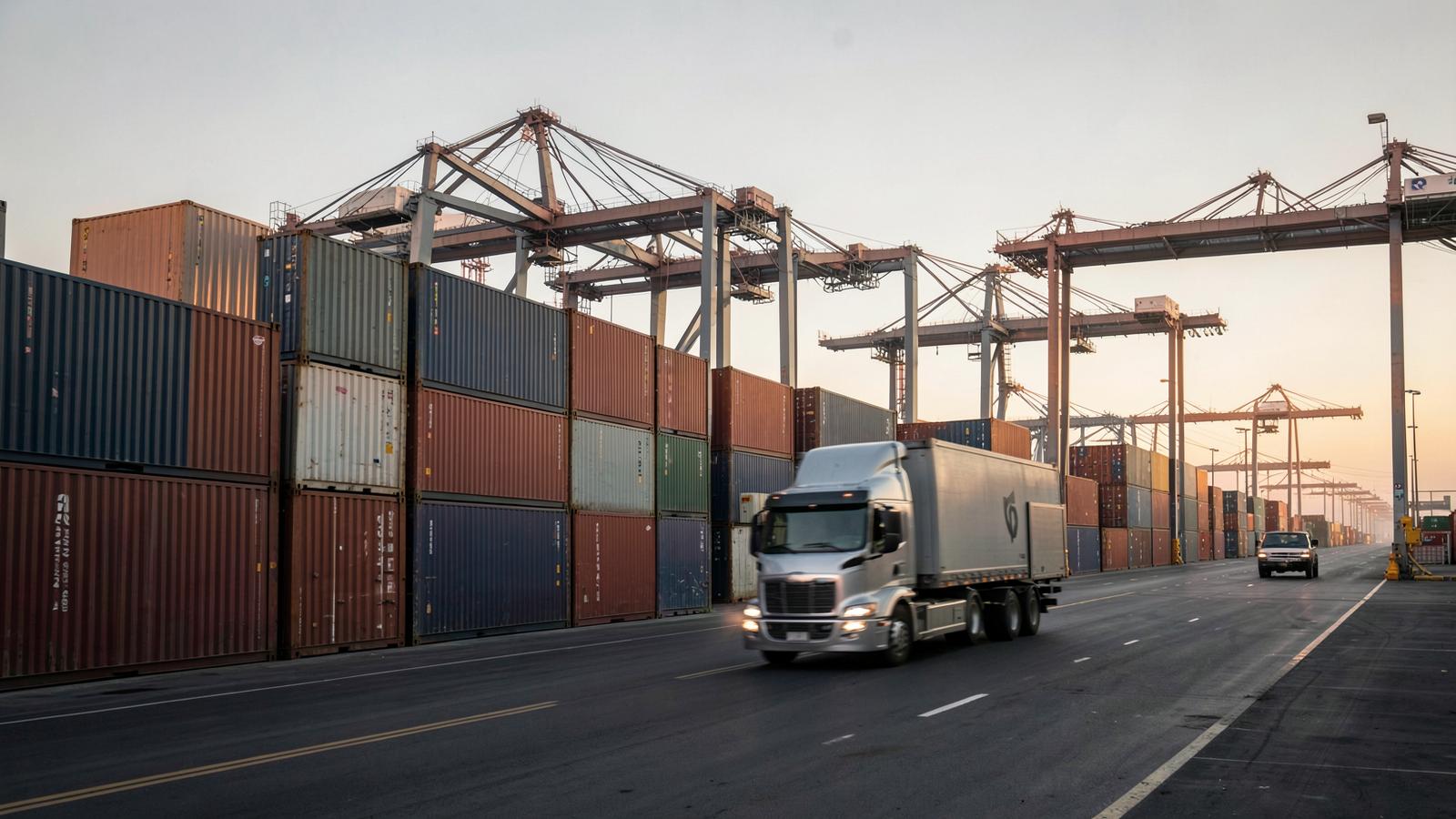 Container terminal with stacked freight containers and cranes