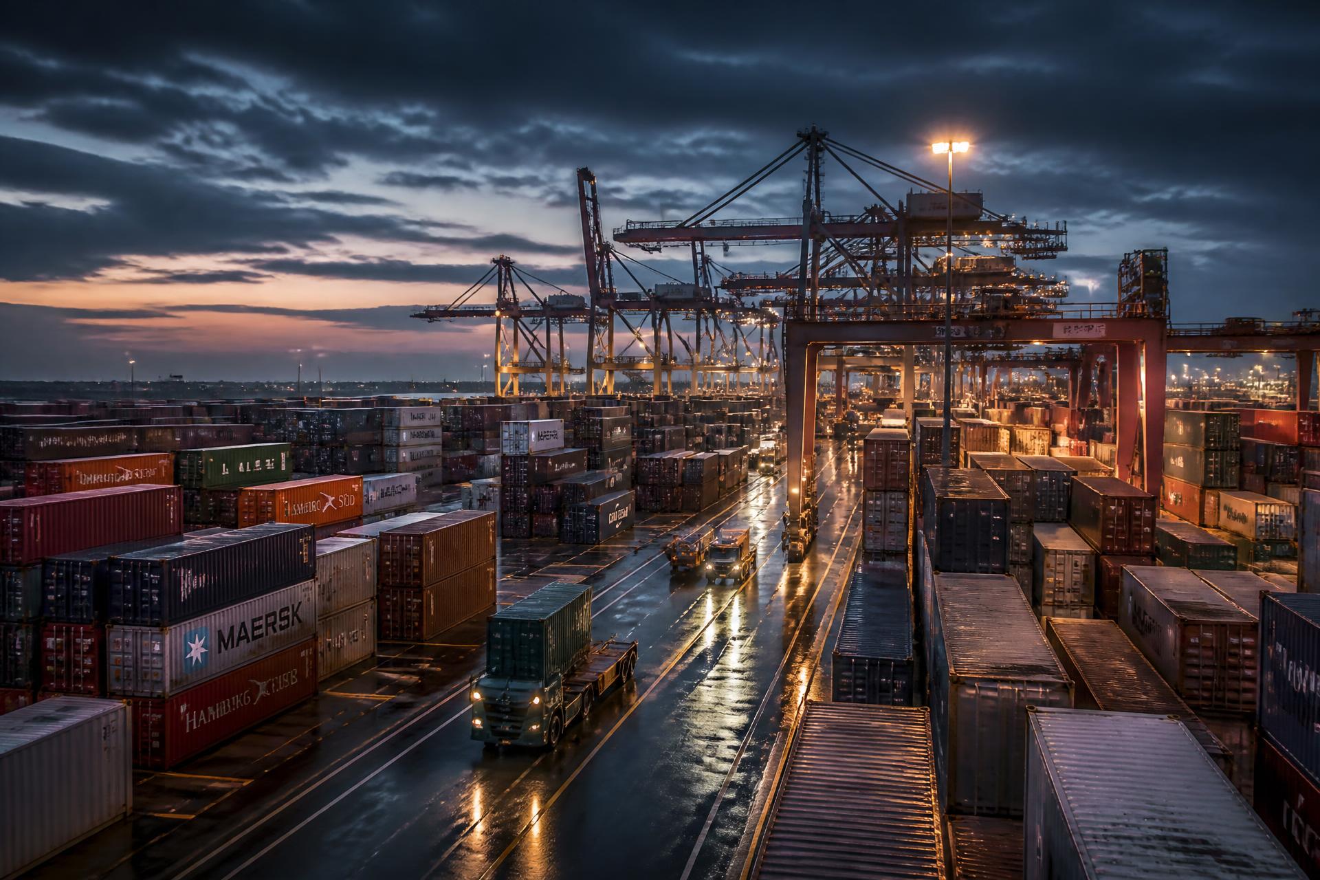 Intermodal container terminal at night with gantry cranes and stacked containers