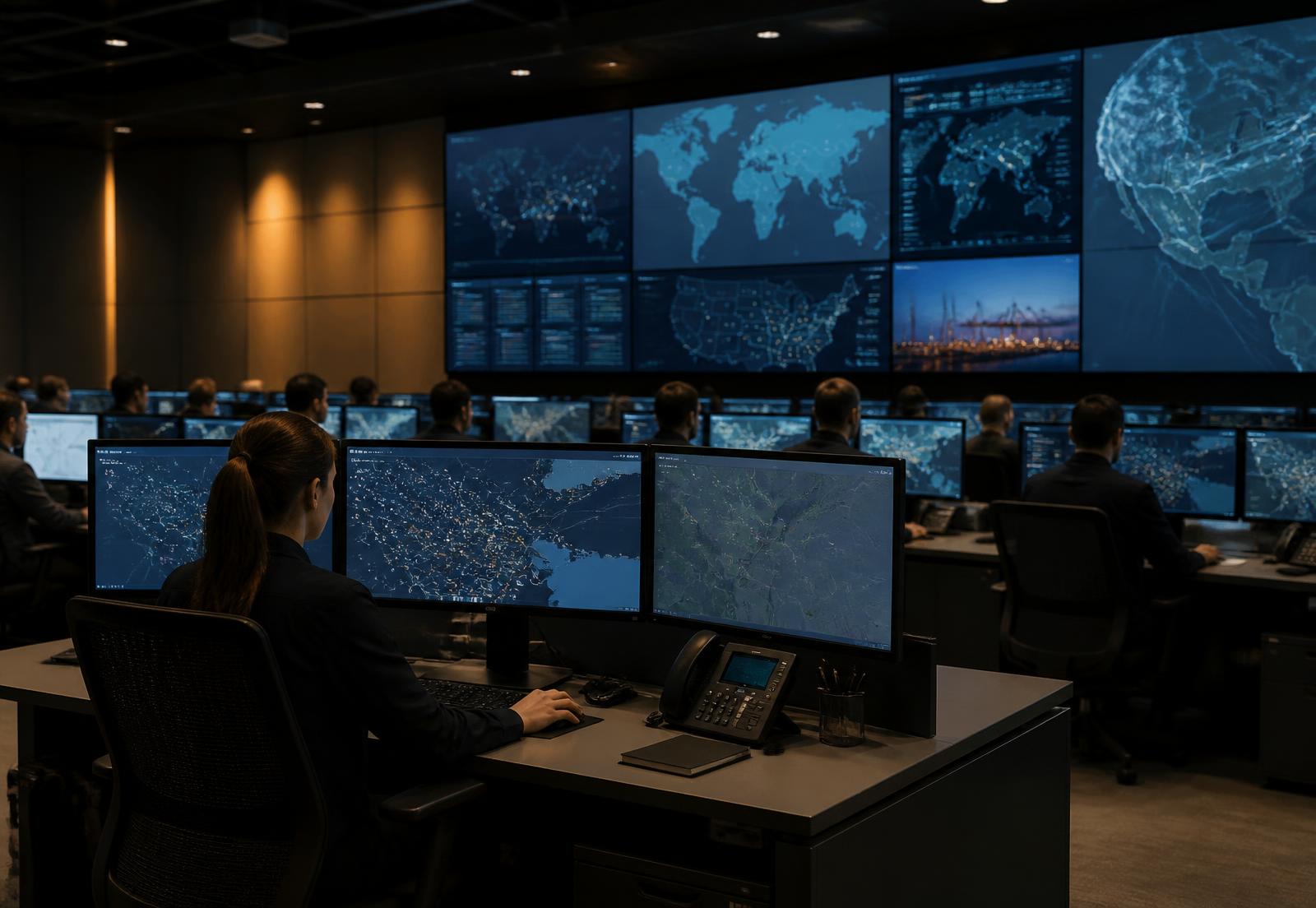 Logistics operations center with dispatchers monitoring live shipment boards