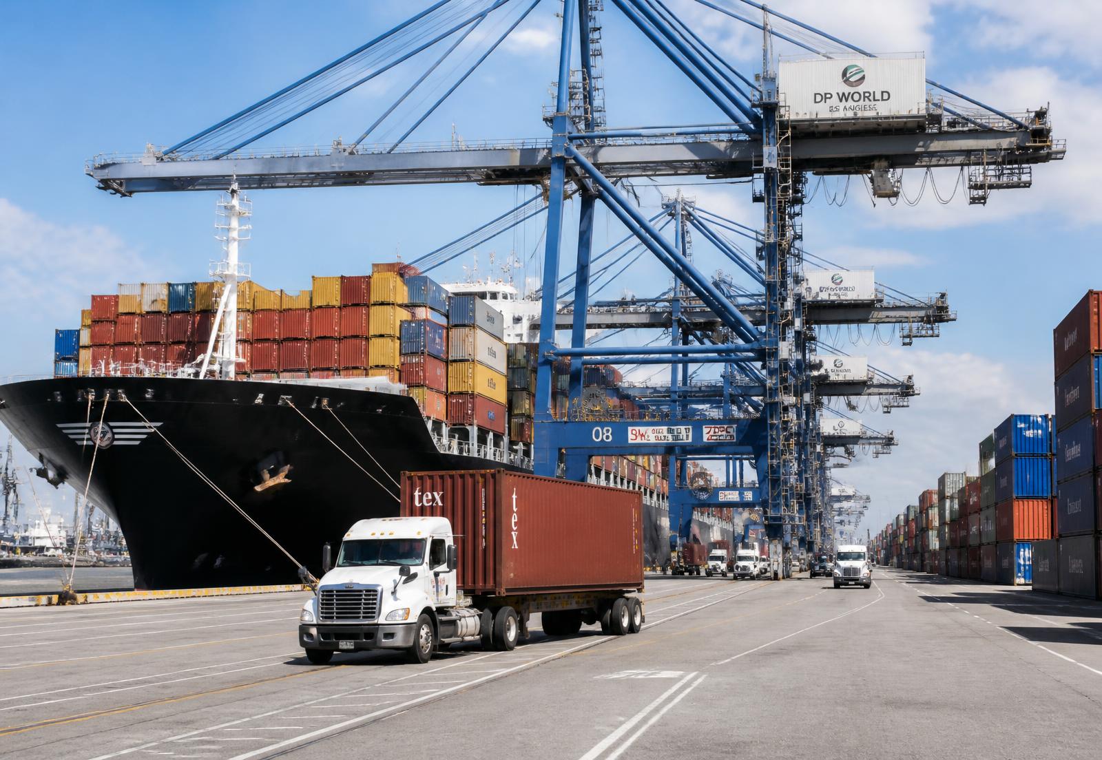 Drayage truck hauling a shipping container near port cranes