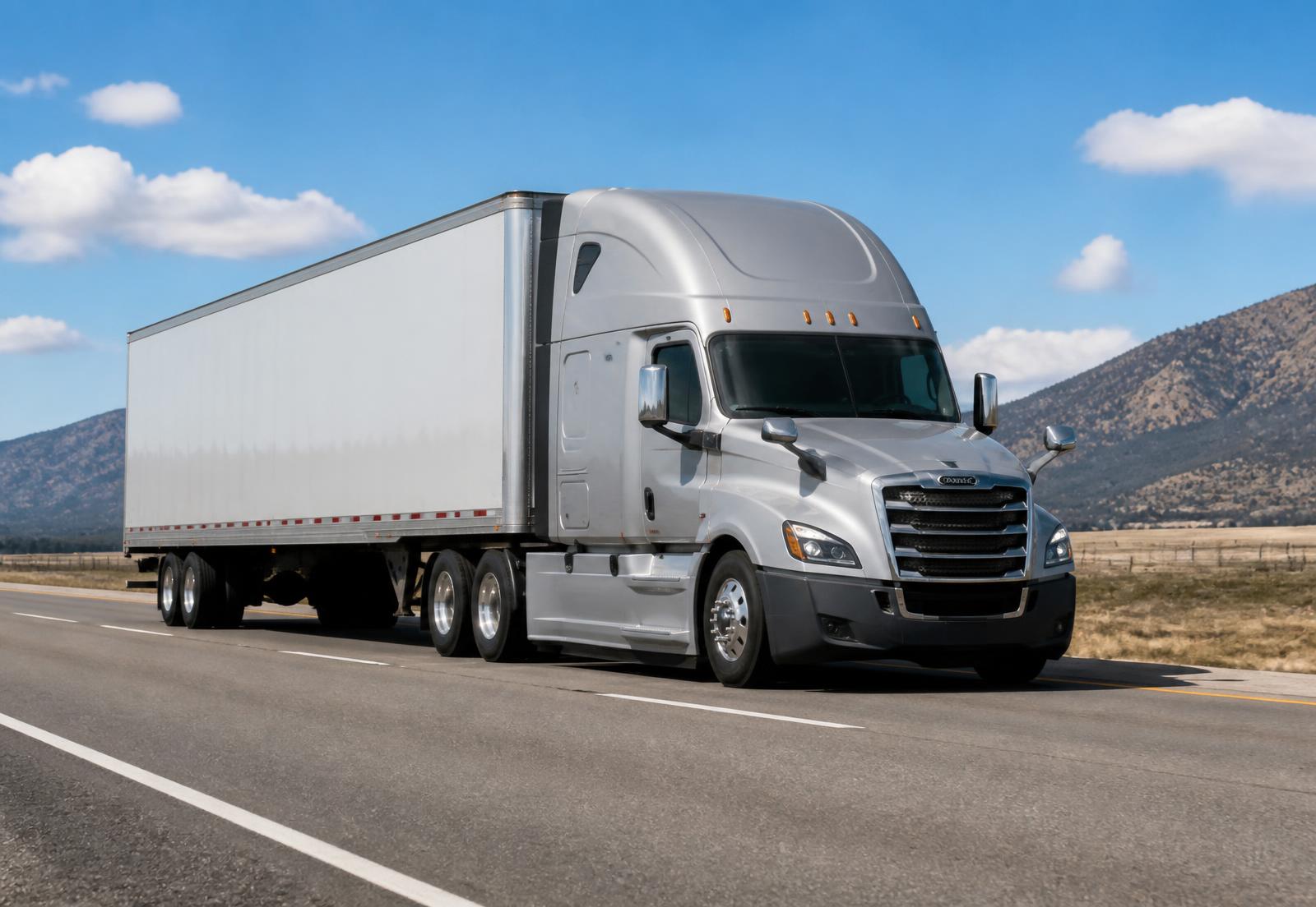 Modern dry van tractor-trailer traveling on an open highway