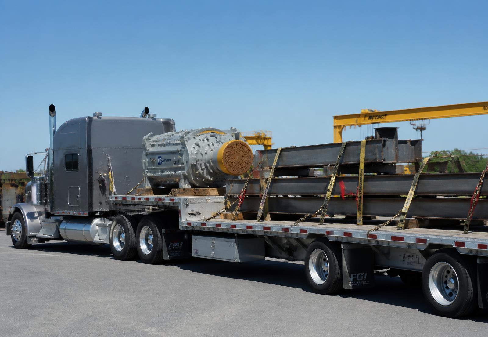 Flatbed truck carrying strapped steel beams at golden hour