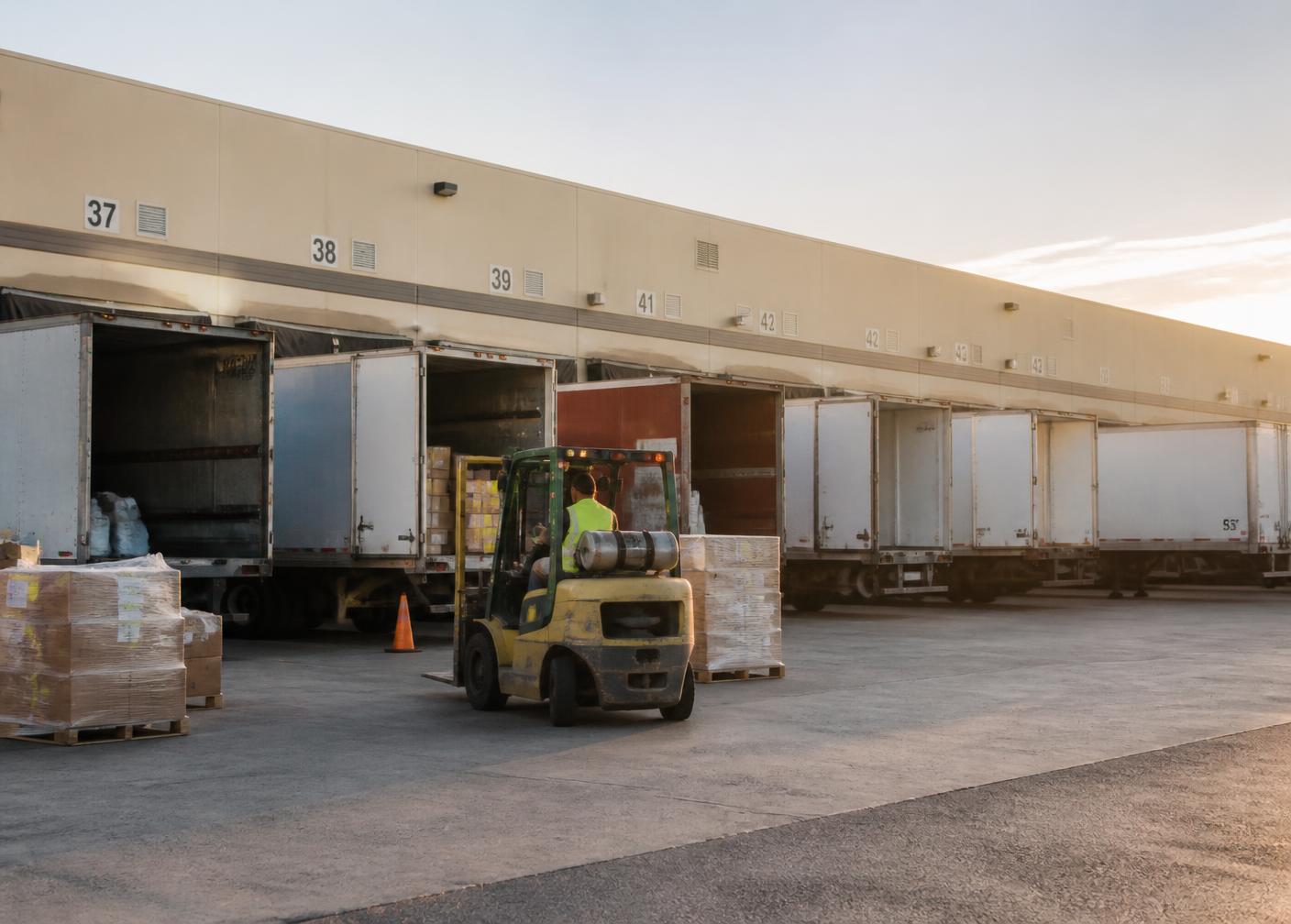 Trailers backed into a distribution center loading dock while freight is loaded
