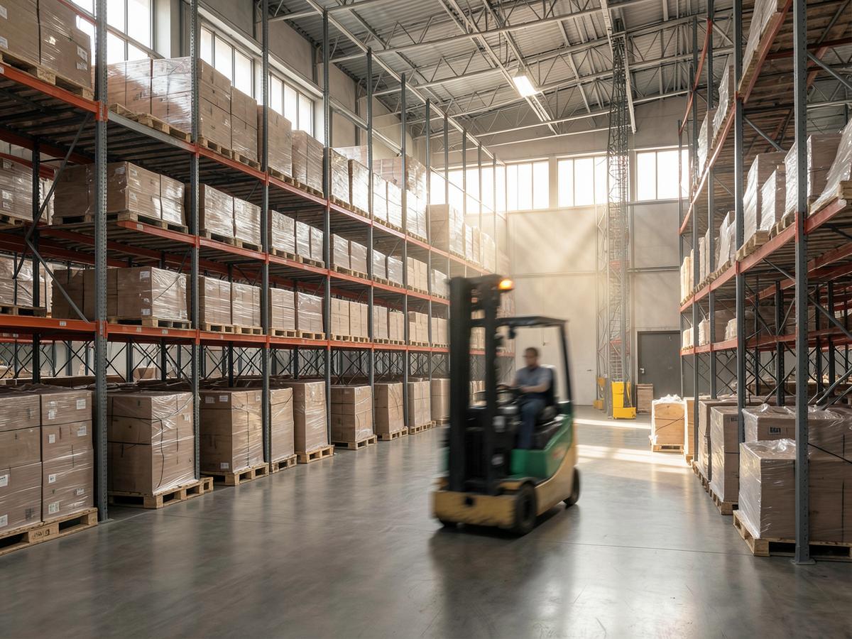 Organized distribution warehouse with racked freight and forklifts